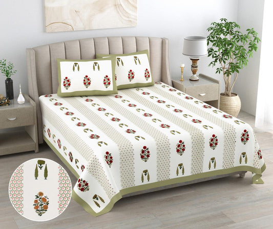 White & Green Floral King Size Bedsheet with 2 Pillow Covers | Paramphera Studio