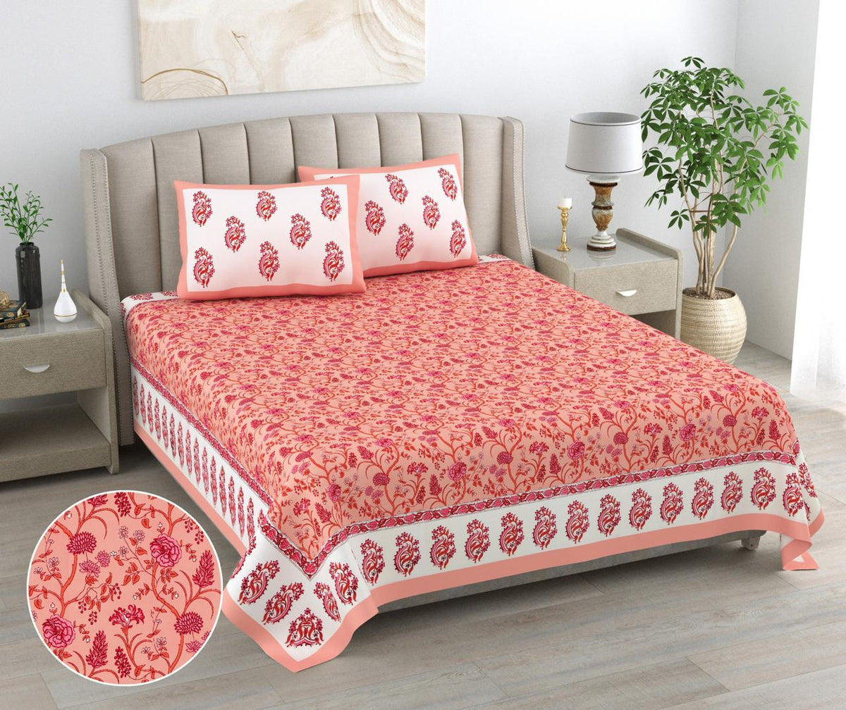 Pink Floral & Paisley King Size Bedsheet with 2 Pillow Covers | Paramphera Studio