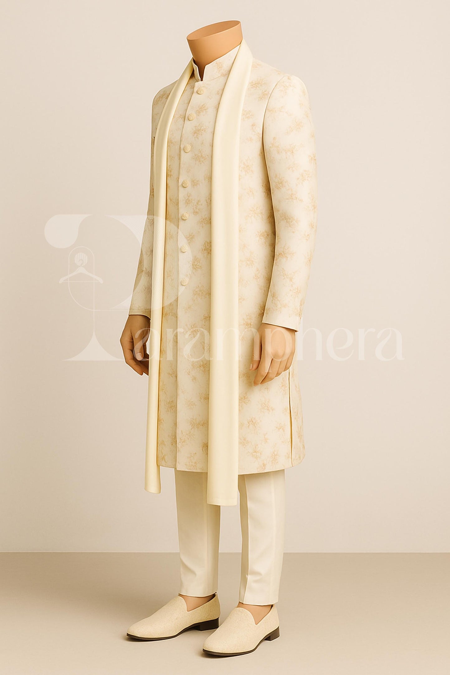 Ivory Floral Sherwani Set for Groom  Nehru Collar, Stole & Churidar  Made-to-Measure | Ships Worldwide