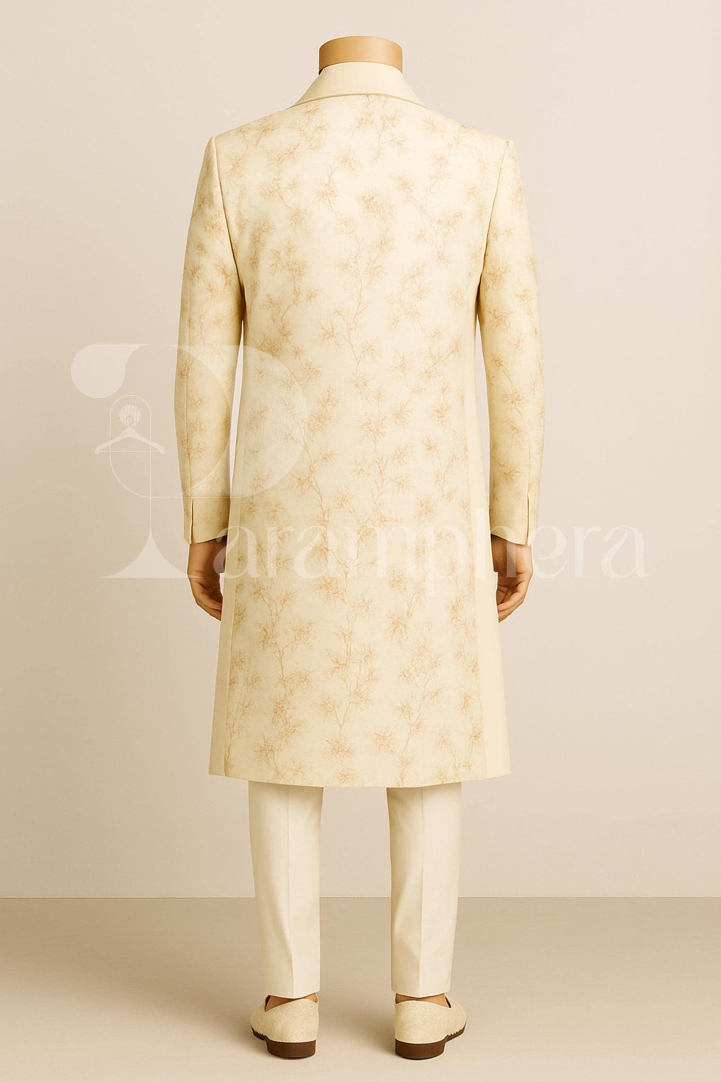 Ivory Floral Sherwani Set for Groom  Nehru Collar, Stole & Churidar  Made-to-Measure | Ships Worldwide