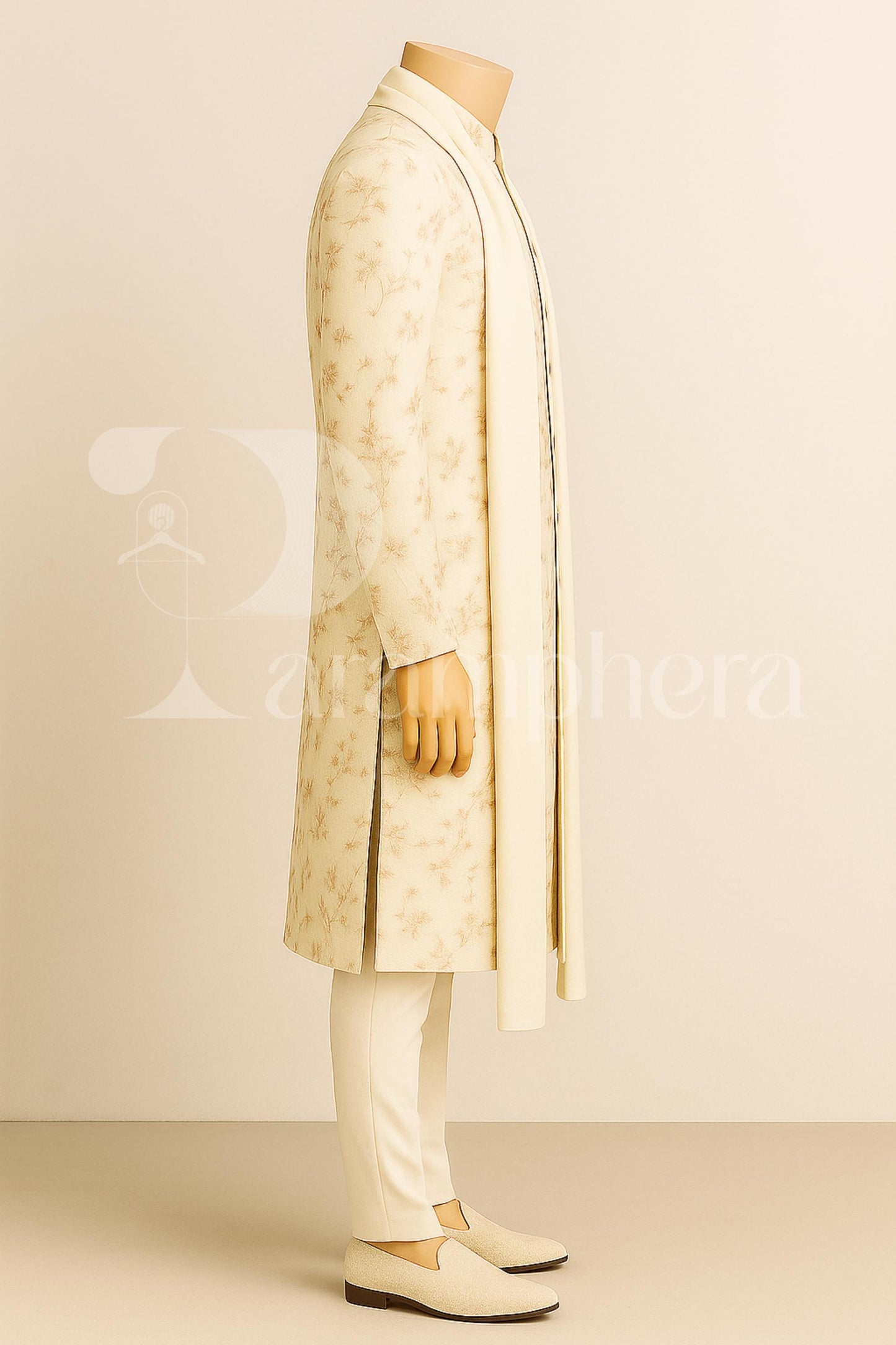 Ivory Floral Sherwani Set for Groom  Nehru Collar, Stole & Churidar  Made-to-Measure | Ships Worldwide