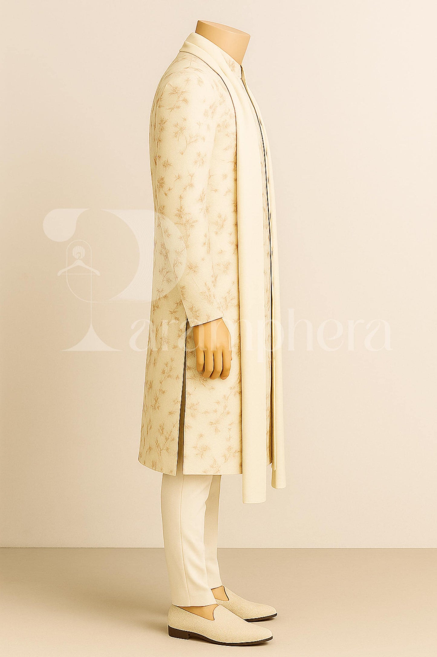 Ivory Floral Sherwani Set for Groom  Nehru Collar, Stole & Churidar  Made-to-Measure | Ships Worldwide
