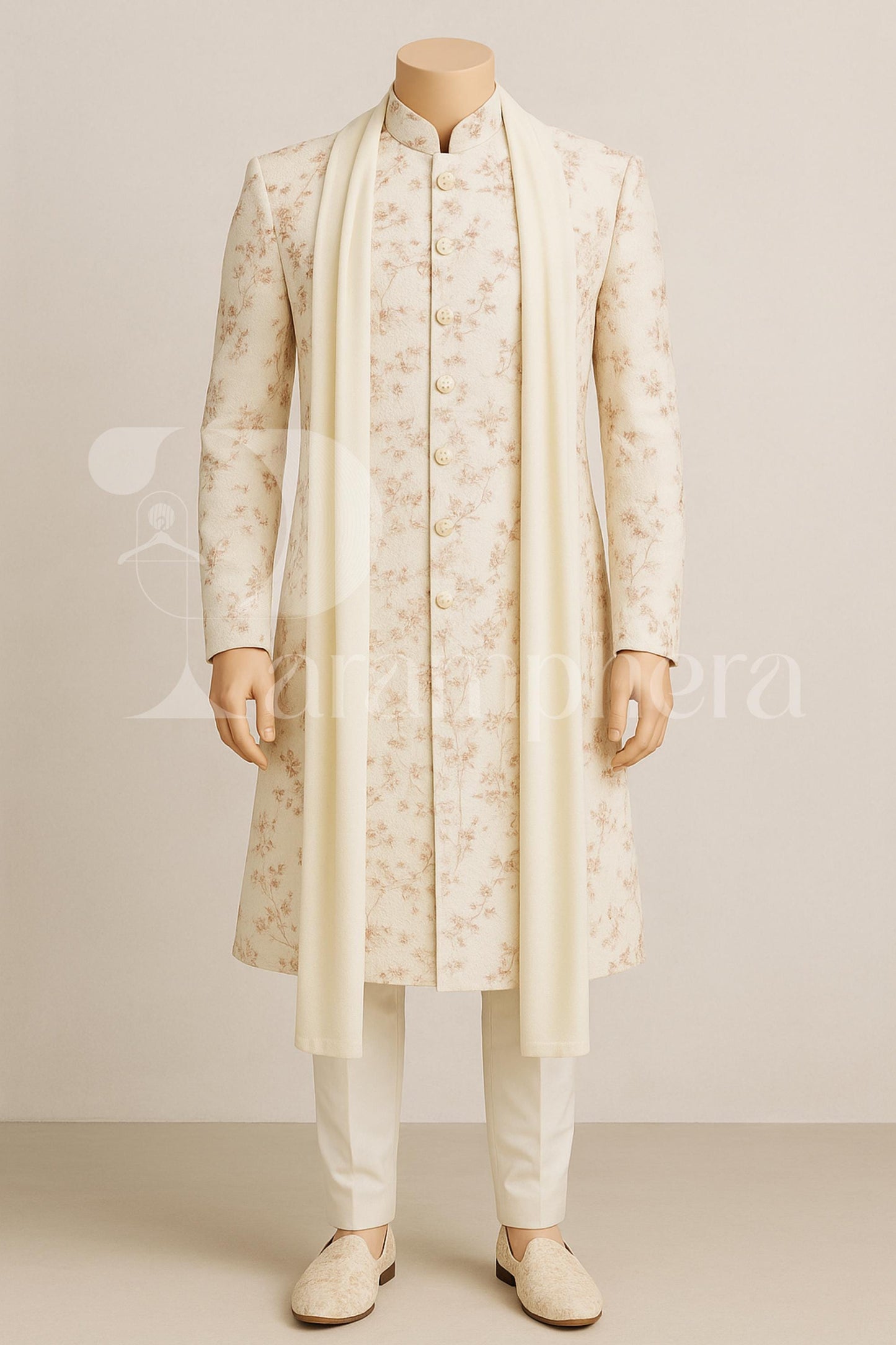 Ivory Floral Sherwani Set for Groom  Nehru Collar, Stole & Churidar  Made-to-Measure | Ships Worldwide