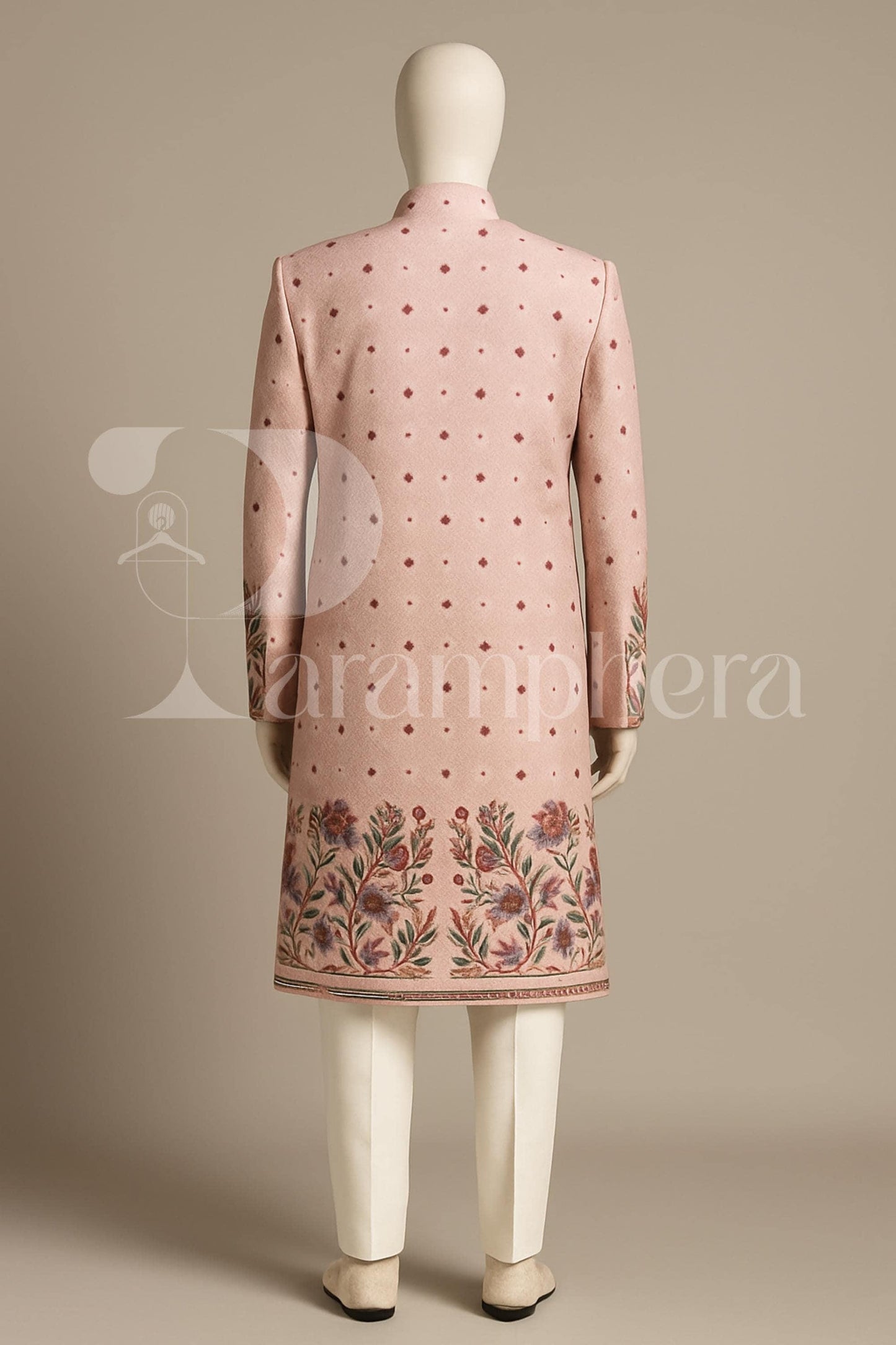 Pastel Pink Velvet Sherwani Set: Embroidered Indian Wedding Outfit