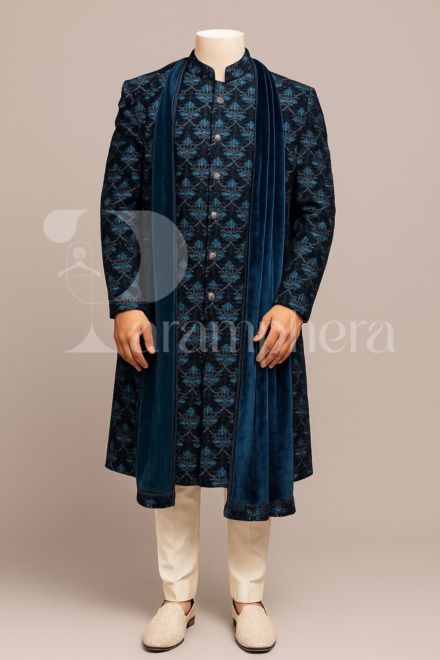 Rama Green Velvet Sherwani Set: Embroidered Indian Wedding Outfit