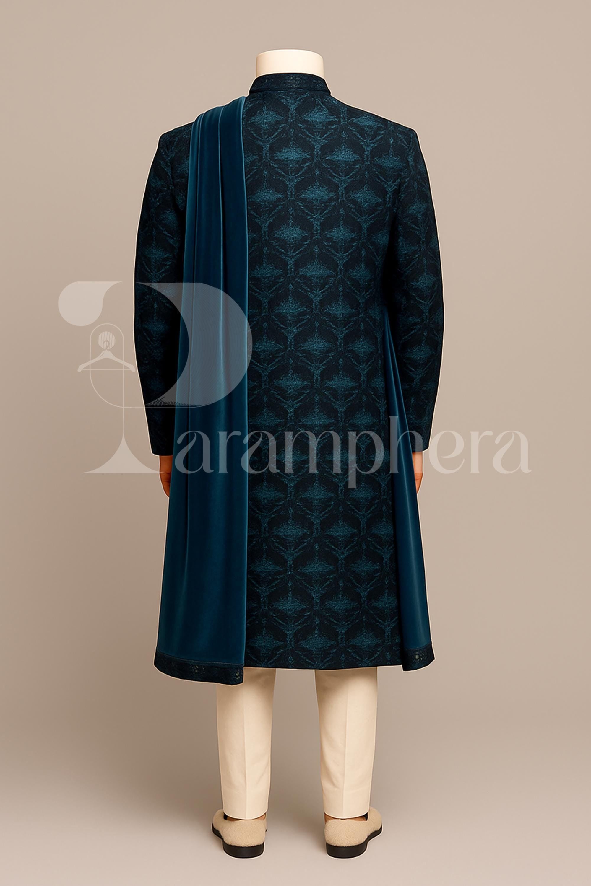 Rama Green Velvet Indo Western Sherwani Set for Men | Embroidered Ethnic Wedding Outfit | Groom Reception Wear