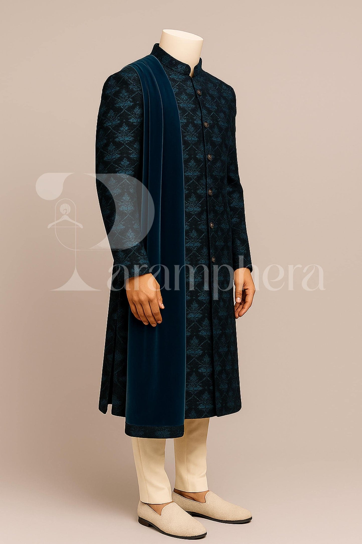 Rama Green Velvet Sherwani Set: Embroidered Indian Wedding Outfit