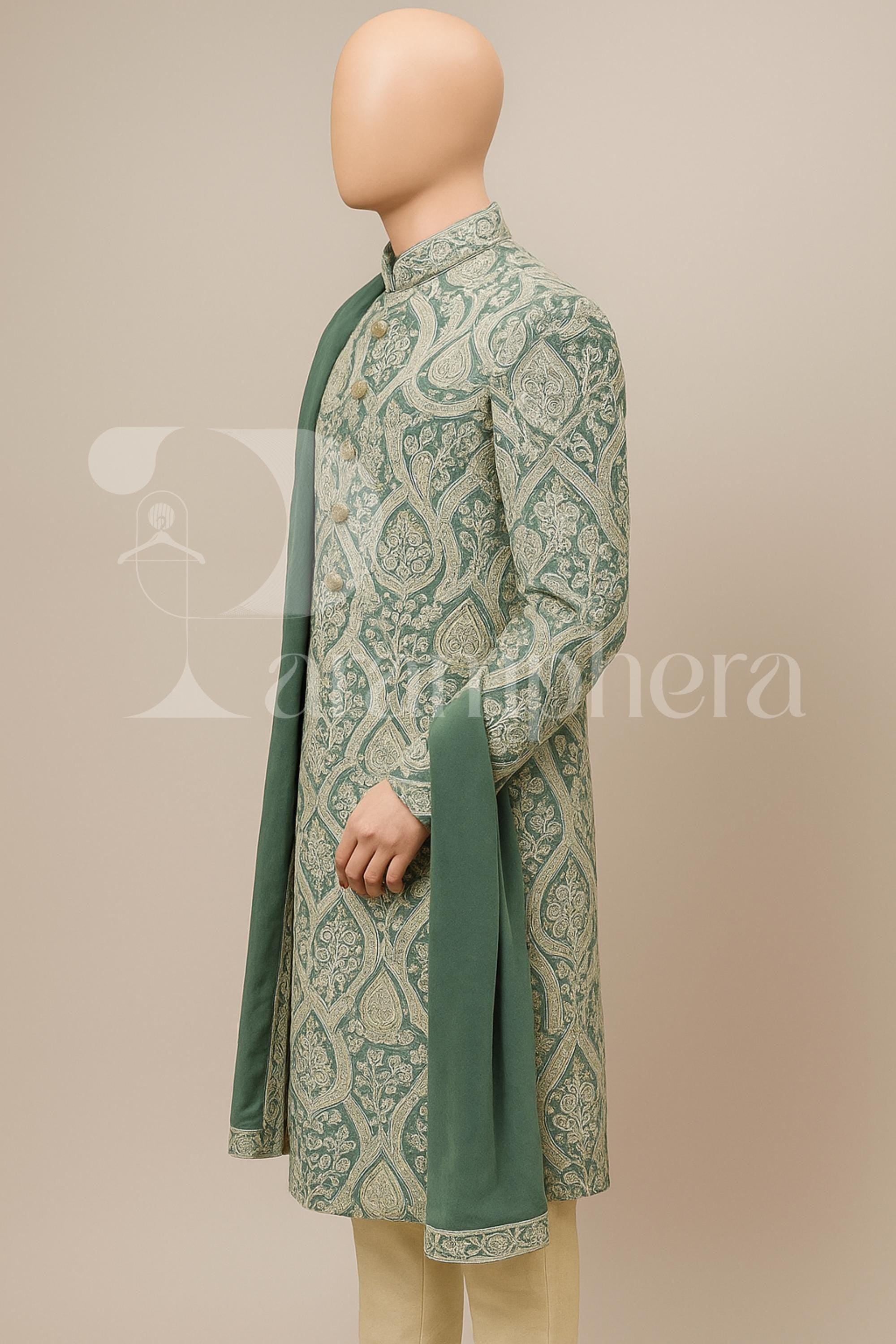 Green Embroidered Sherwani for Men | Indian Wedding Ethnic Outfit | Groom Wear with Dupatta | Festive Party Kurta Set