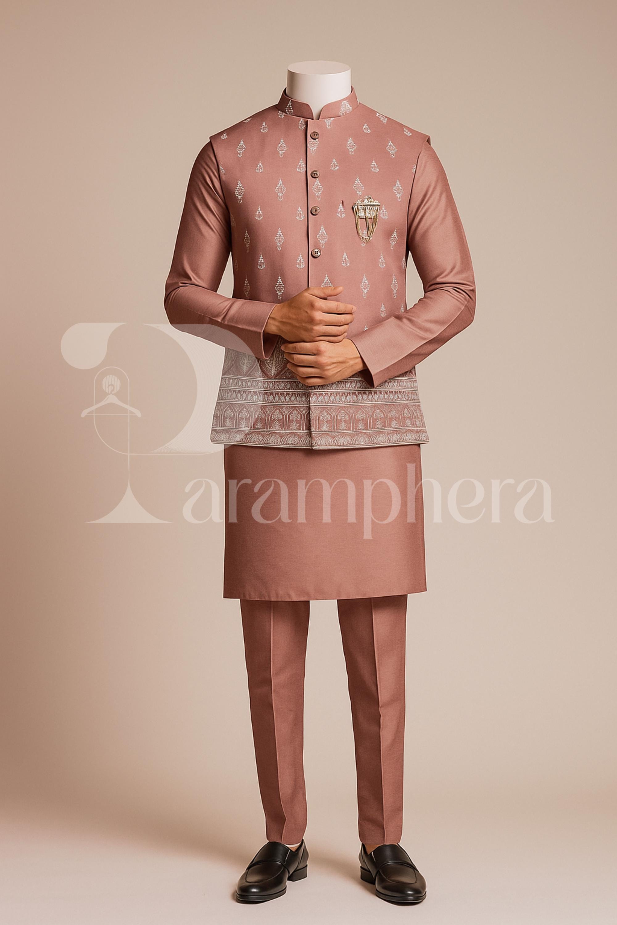 Men&#39;s Kurta Pajama with Jacket – Dusty Rose Indian Ethnic Set for Wedding, Groom or Guest | Nehru Jacket Kurta Set for Men