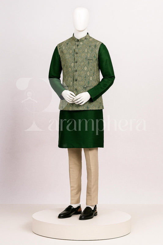 Men's Green Brocade Nehru Jacket Kurta Pajama Set - Indian Wedding Outfit