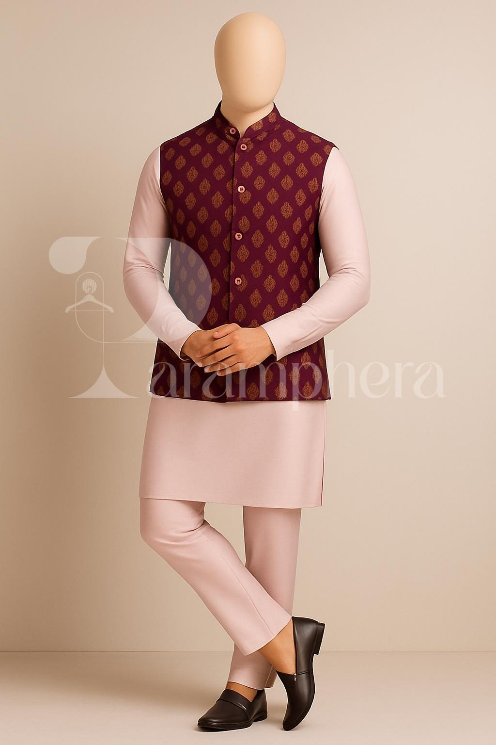 Mens Kurta Pajama Set: Maroon Nehru Jacket, Indian Wedding Outfit