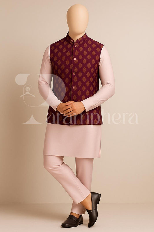 Mens Kurta Pajama Set: Maroon Nehru Jacket, Indian Wedding Outfit
