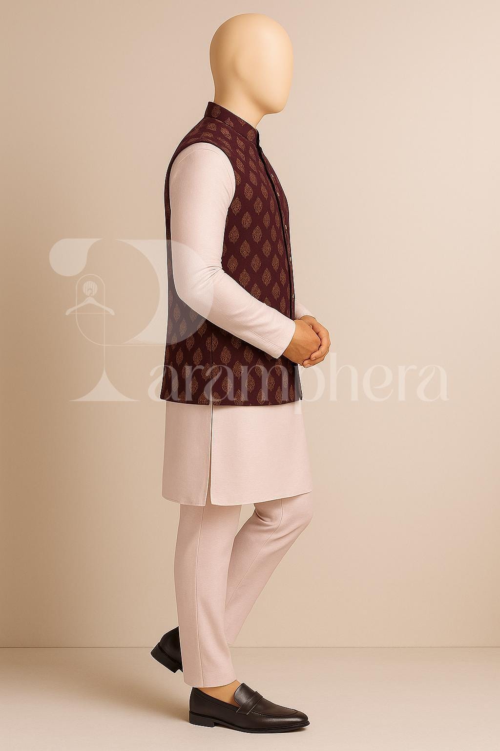 Mens Kurta Pajama Set: Maroon Nehru Jacket, Indian Wedding Outfit