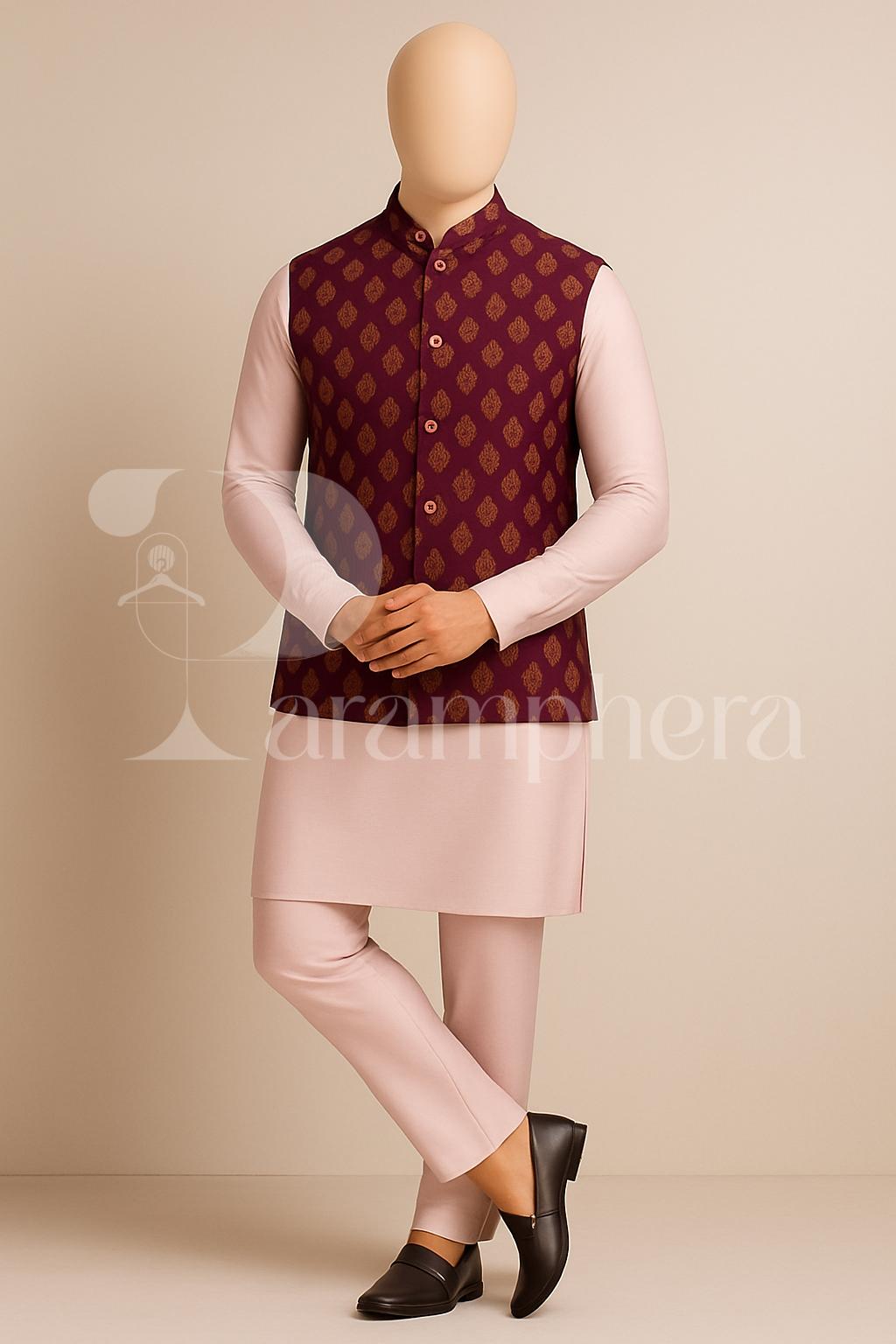 Mens Kurta Pajama Set: Maroon Nehru Jacket, Indian Wedding Outfit