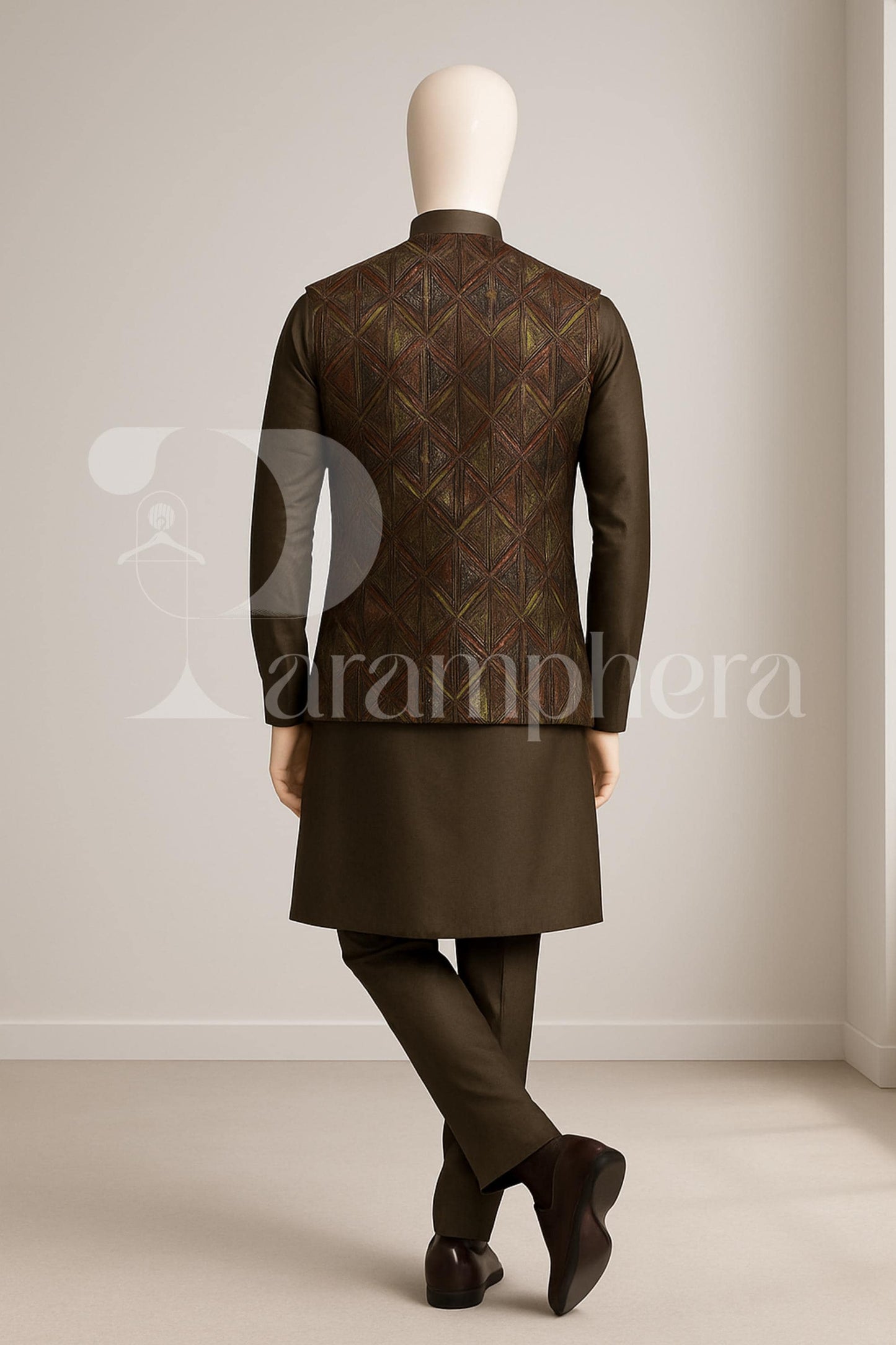 Embroidered Nehru Jacket Kurta Pajama Set: Olive Brown Silk-Blend Wedding Outfit