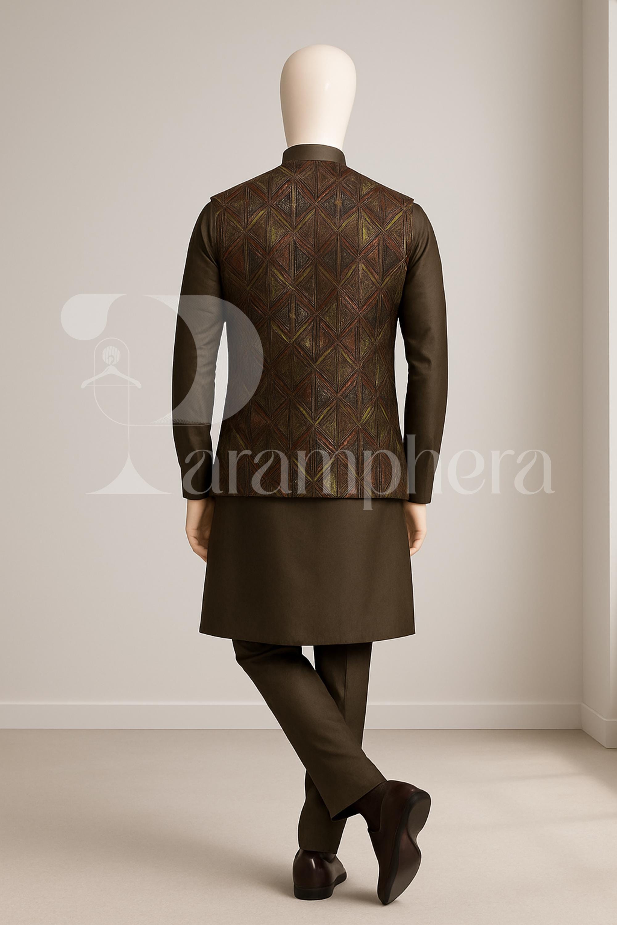Men&#39;s Indian Kurta Set with Embroidered Nehru Jacket – Olive Brown Wedding Outfit – Ethnic Festive Wear – Drawstring Pajama