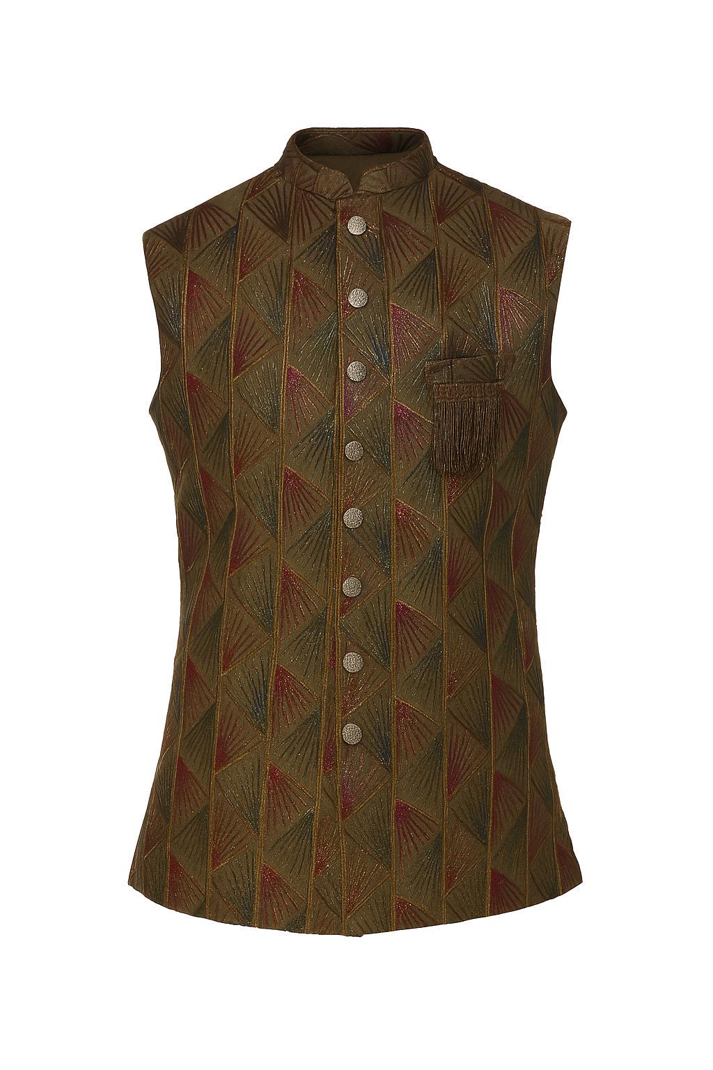 Embroidered Nehru Jacket Kurta Pajama Set: Olive Brown Silk-Blend Wedding Outfit