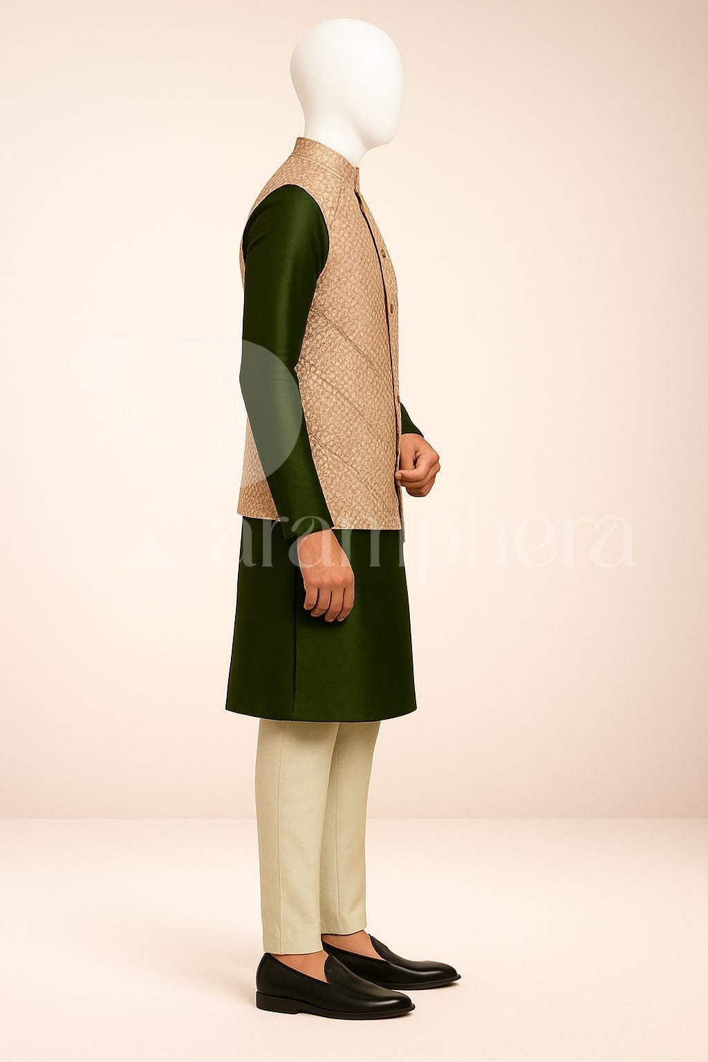 Men&#39;s Green Kurta Set with Beige Brocade Nehru Jacket | Indian Wedding Outfit | Ethnic Partywear | Groom Sherwani Set | Handmade Gift