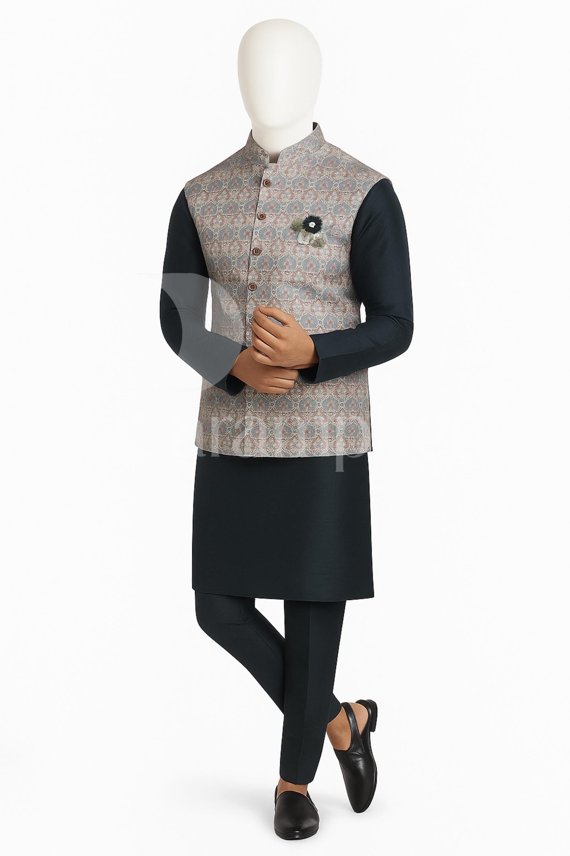 Men&#39;s Navy Blue Kurta Pajama with Printed Nehru Jacket | Indian Wedding Outfit | Ethnic Wear for Groom | Festival Sherwani Set.