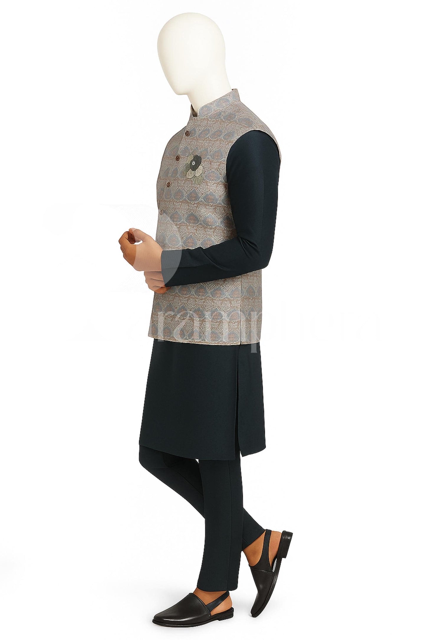 Men's Navy Blue Kurta Pajama Set with Printed Nehru Jacket: Indian Wedding Outfit