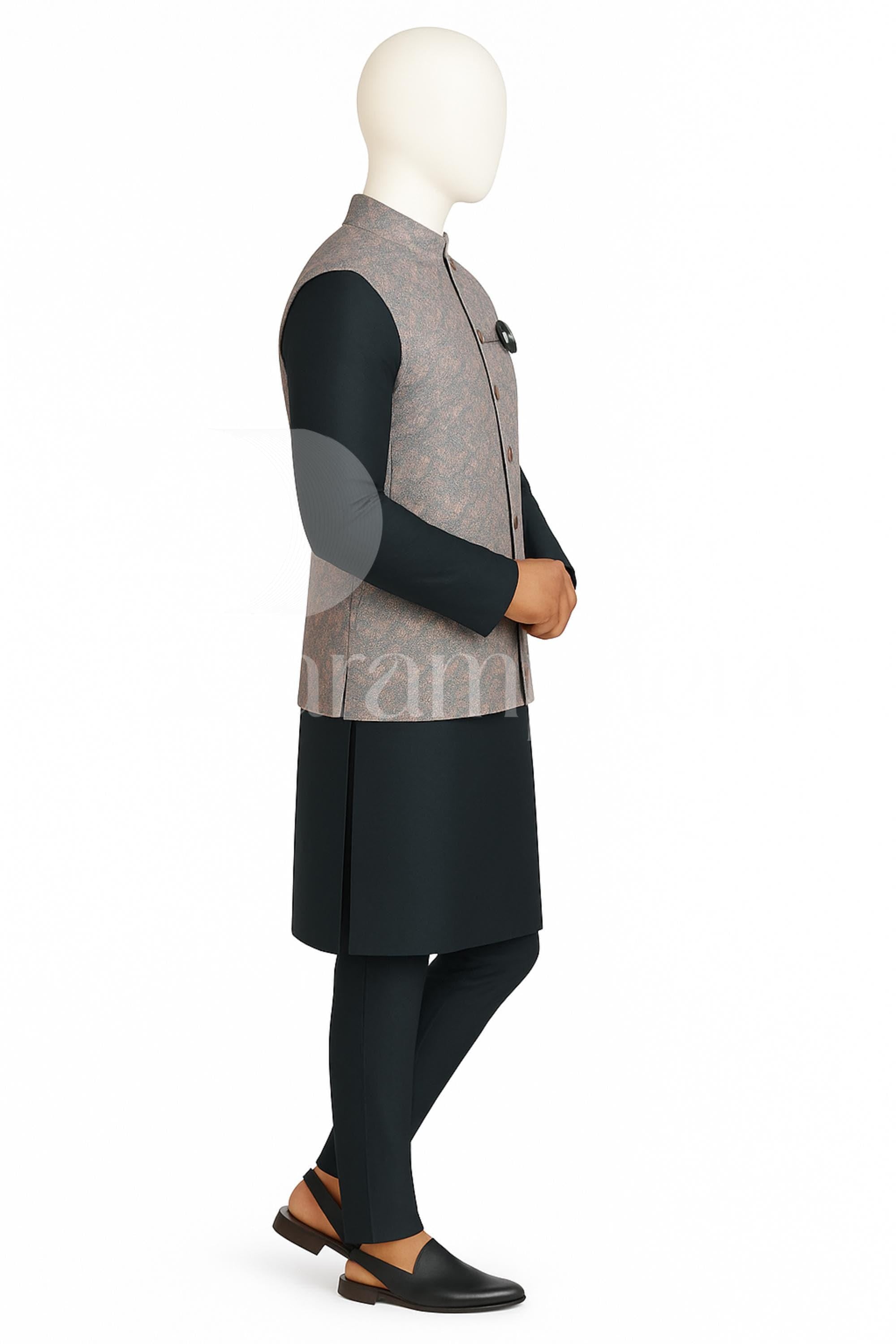 Men&#39;s Navy Blue Kurta Pajama with Printed Nehru Jacket | Indian Wedding Outfit | Ethnic Wear for Groom | Festival Sherwani Set.
