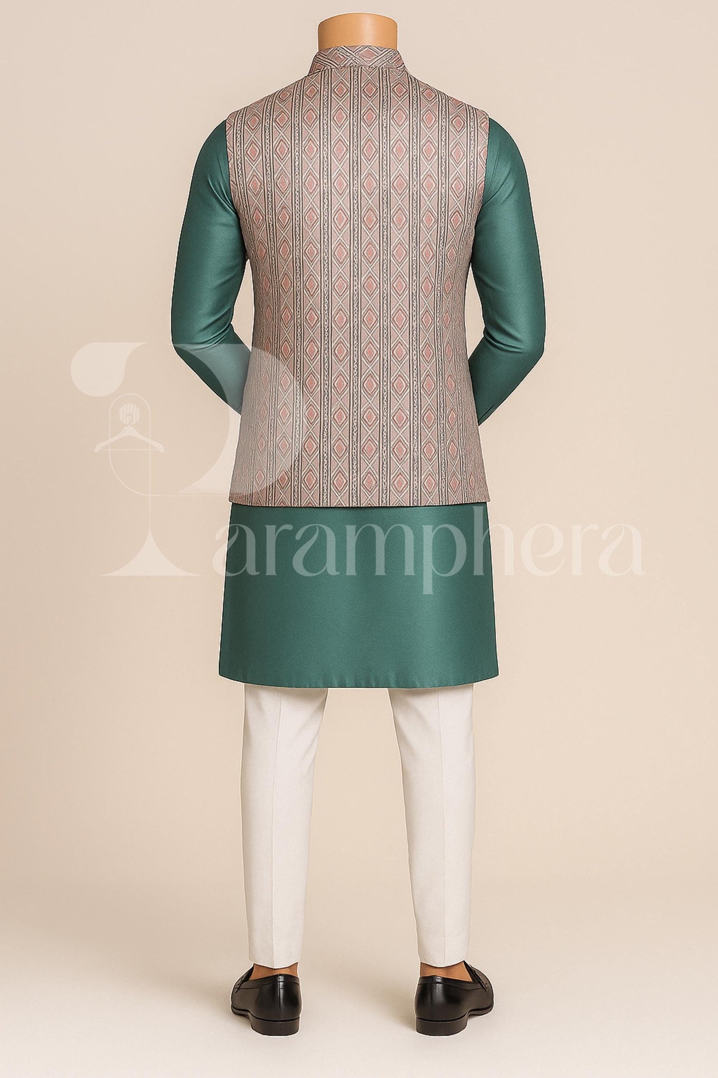 Mint Green Silk Kurta Pajama Set with Brocade Nehru Jacket: Indian Wedding Outfit