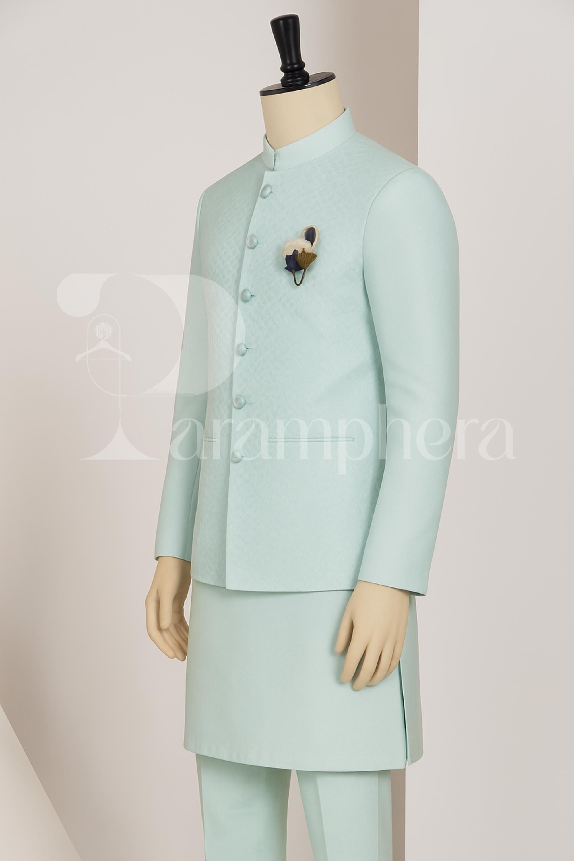 Sky Blue Indian Kurta Set for Men – Festive Ethnic Wear with Embroidered Nehru Jacket & Drawstring Pajama