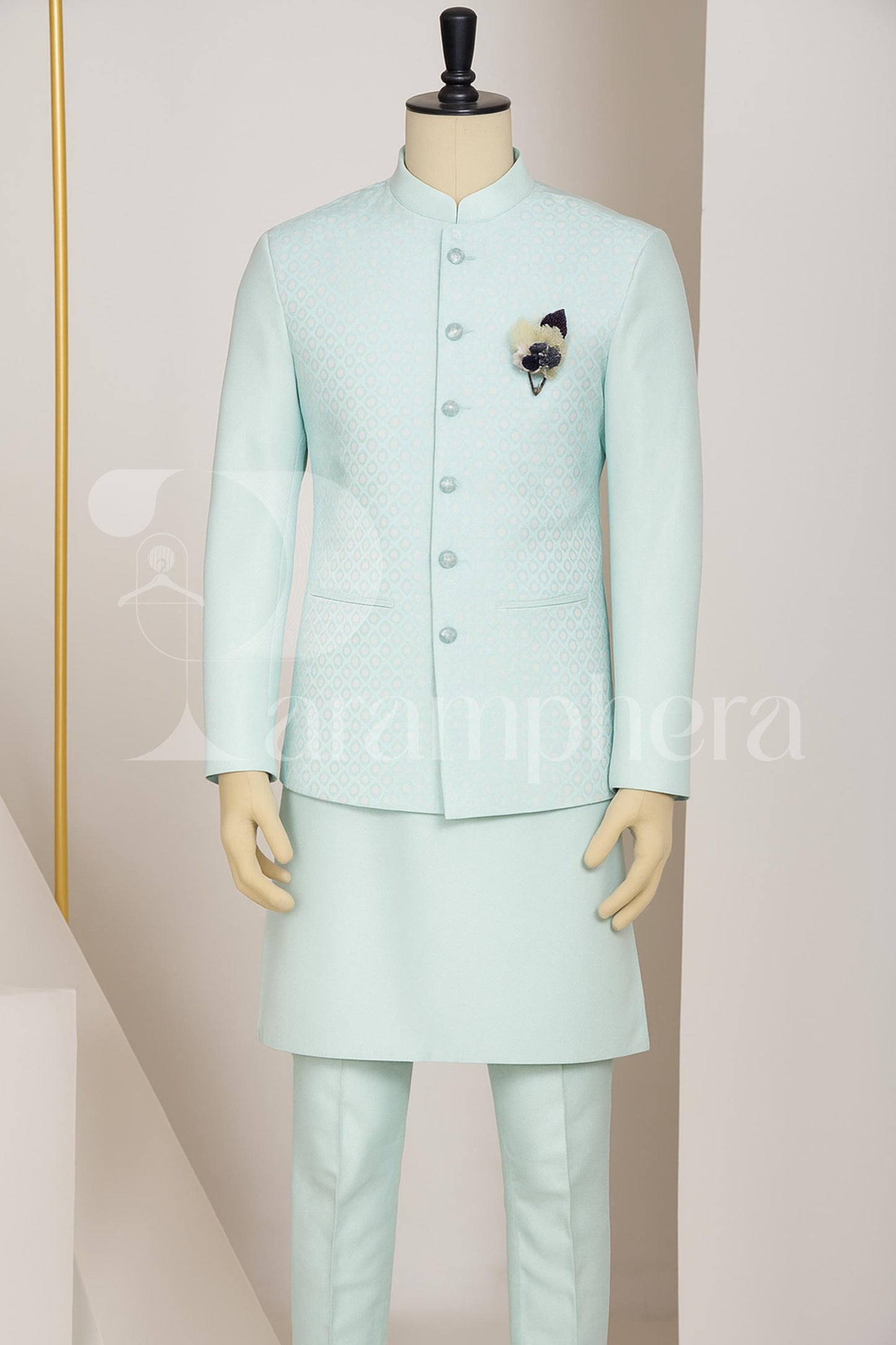 Sky Blue Kurta Pajama Set with Embroidered Nehru Jacket: Indian Wedding Outfit