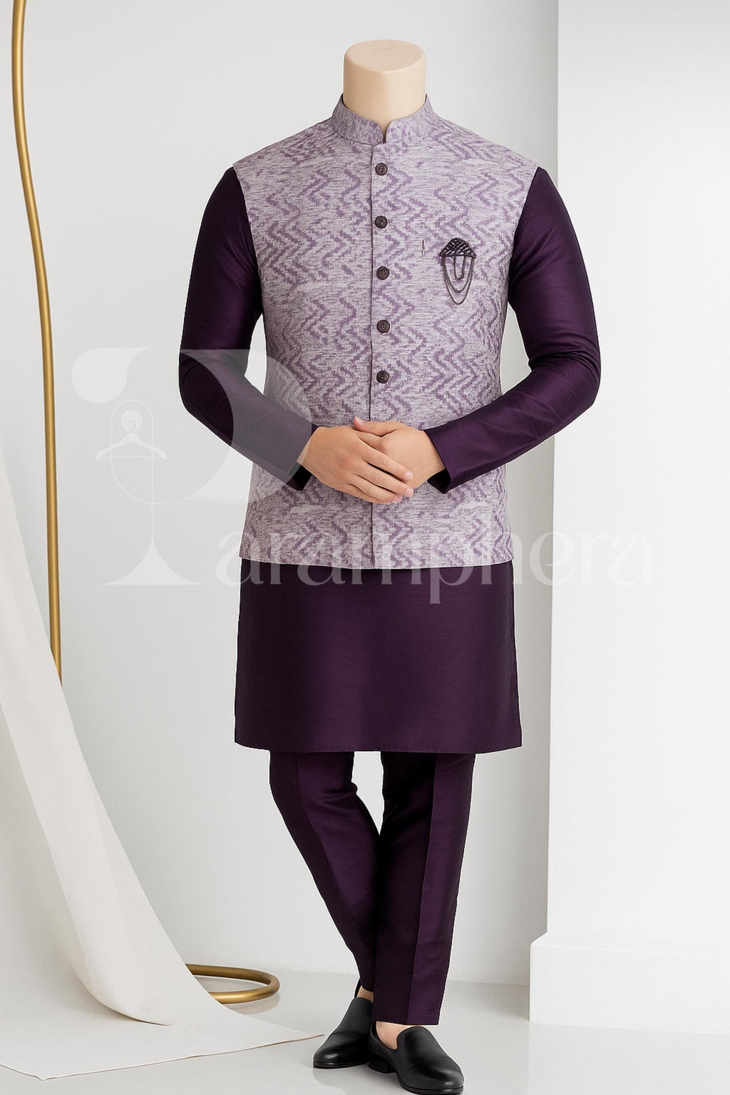 Purple Kurta Pajama Set with Printed Nehru Jacket – Indian Ethnic Outfit for Men | Wedding & Festive Wear