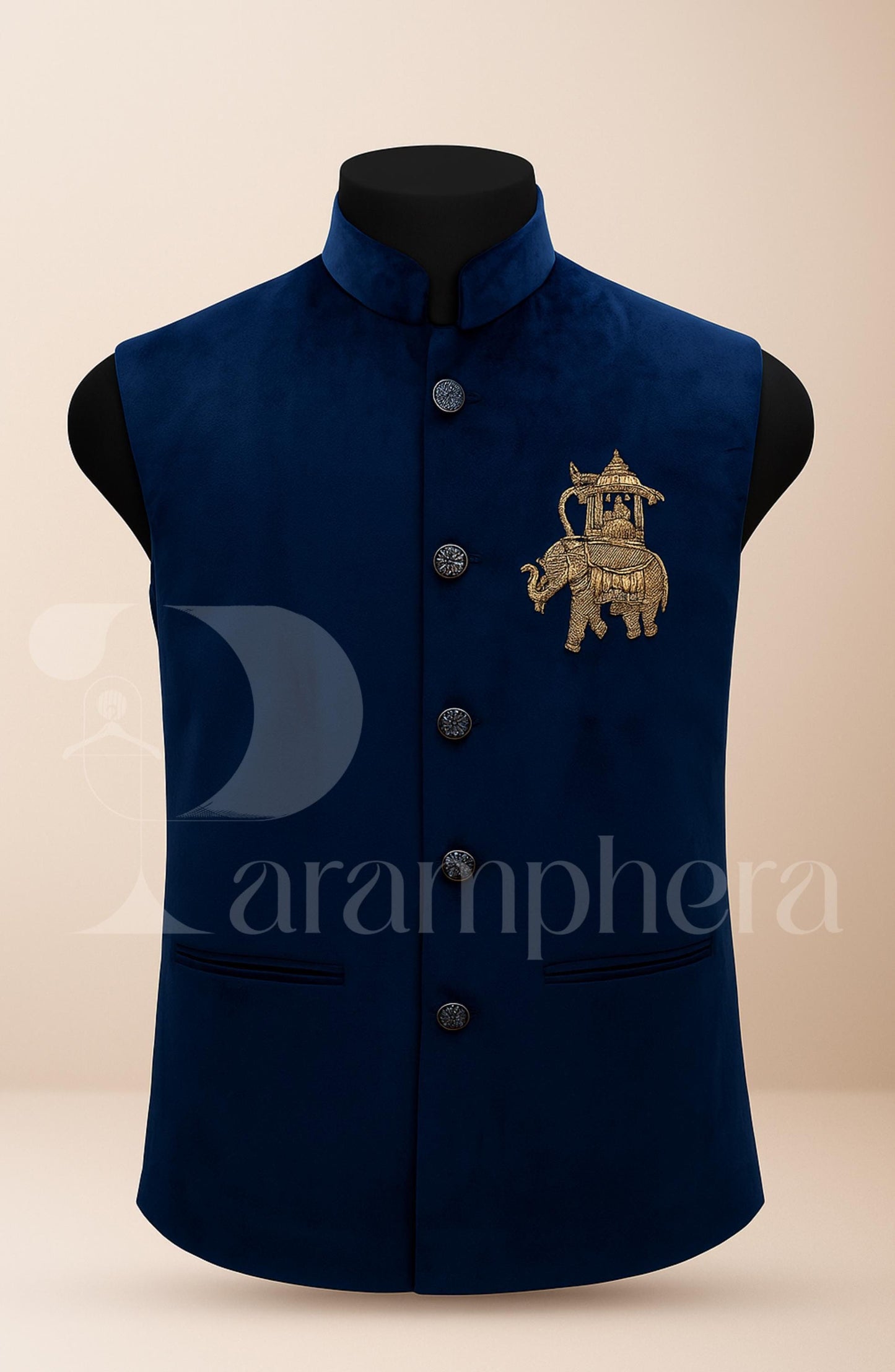 Royal Blue Velvet Nehru Jacket: Elephant Embroidery, Wedding Modi Vest