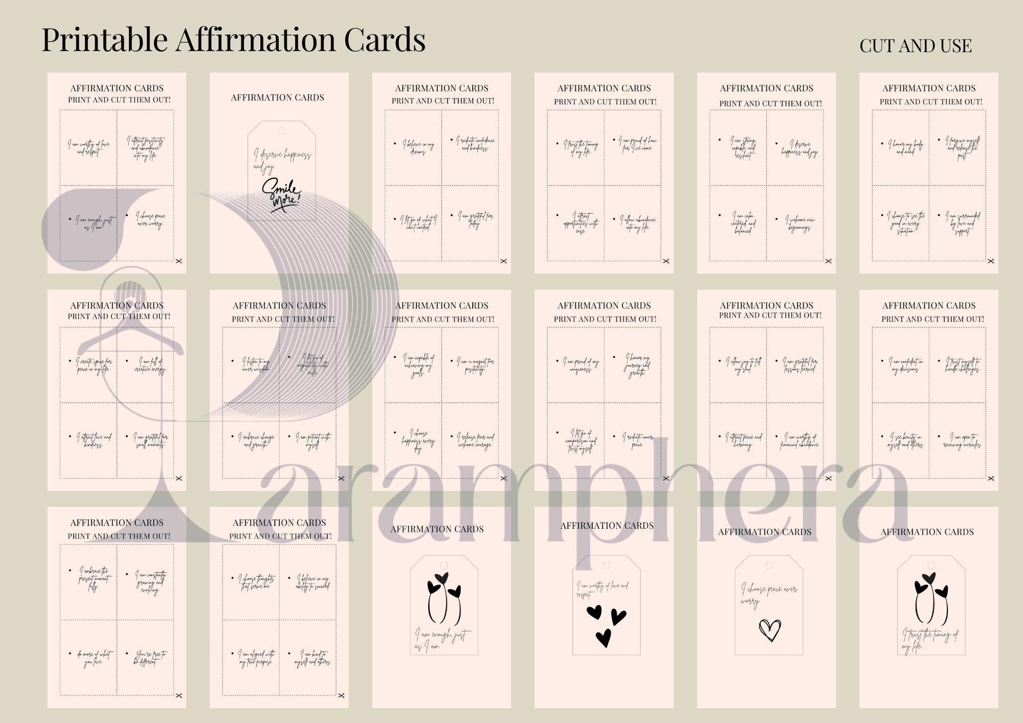 Printable Affirmation Cards | 52 Minimalist Self Care Quote Cards | Motivational Cards | Digital Download.