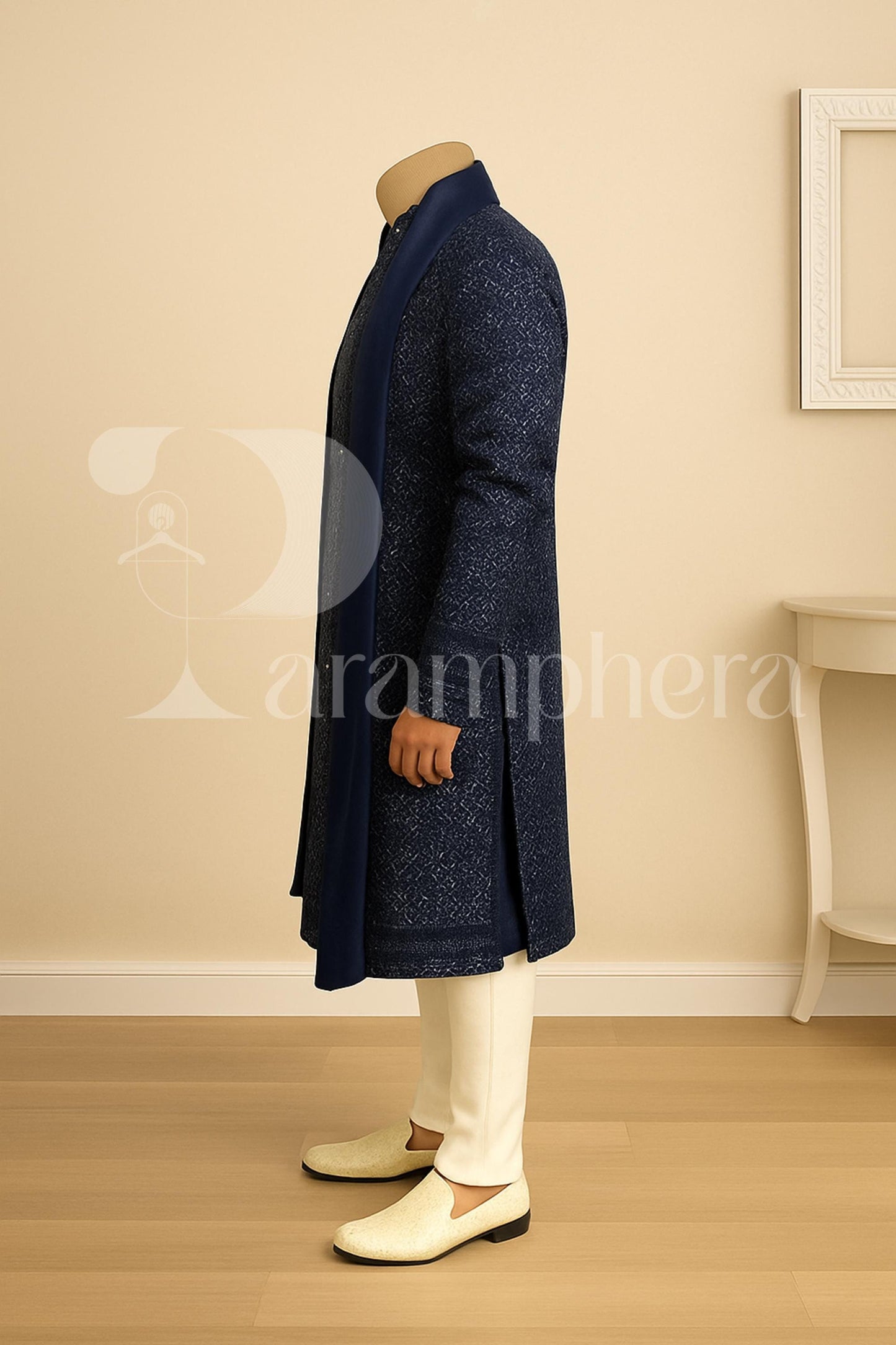 Navy Blue Velvet Embroidered Sherwani: Indian Wedding Outfit