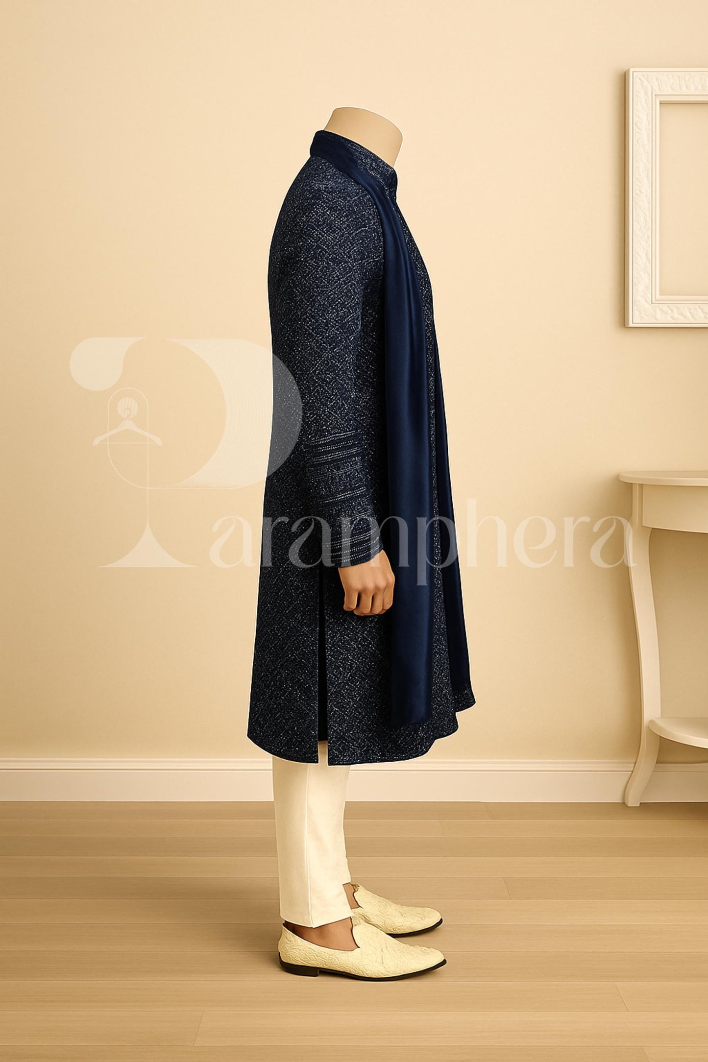Navy Blue Velvet Embroidered Sherwani: Indian Wedding Outfit