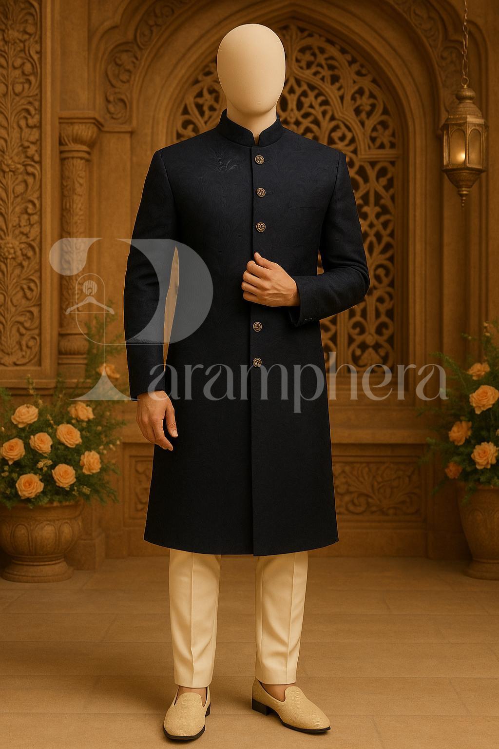 Mens Dark Blue Jacquard Sherwani: Luxury Indo Western Wedding Outfit