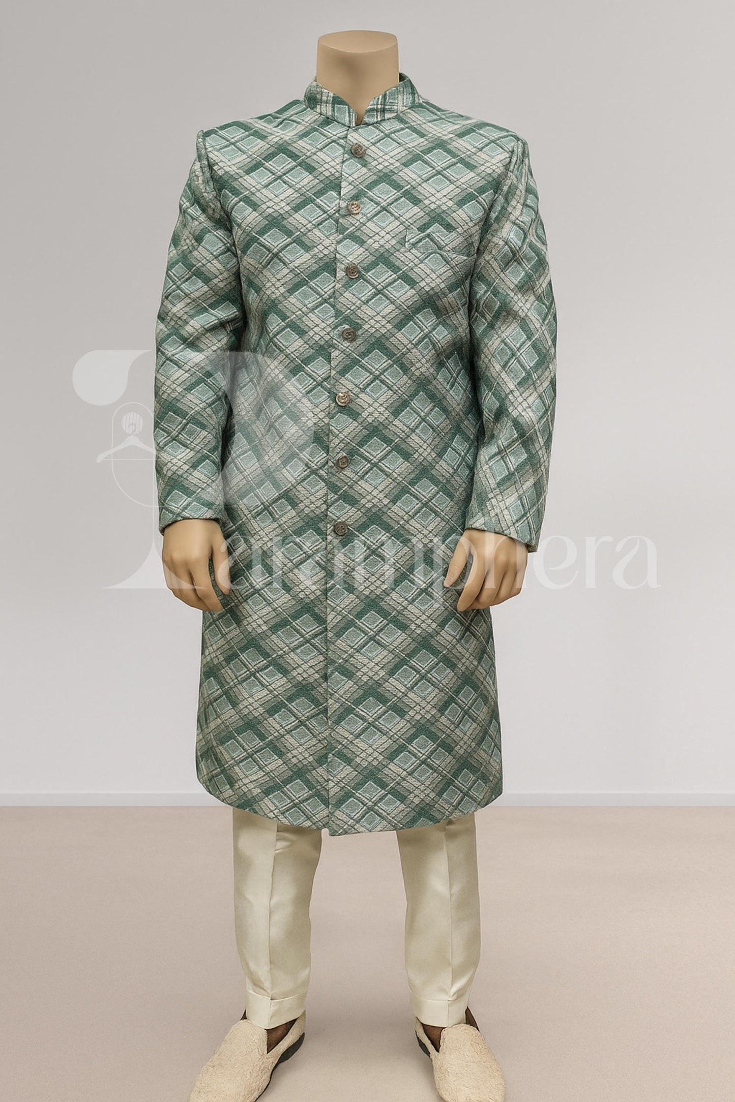 Green Check Silk Blend Sherwani Set: Indo Western Wedding Outfit