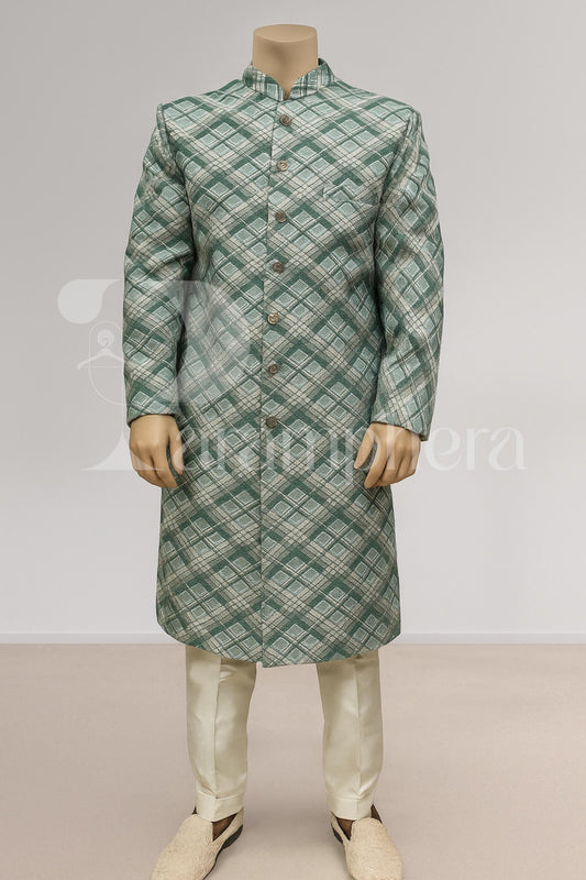 Green Check Silk Blend Sherwani Set: Indo Western Wedding Outfit