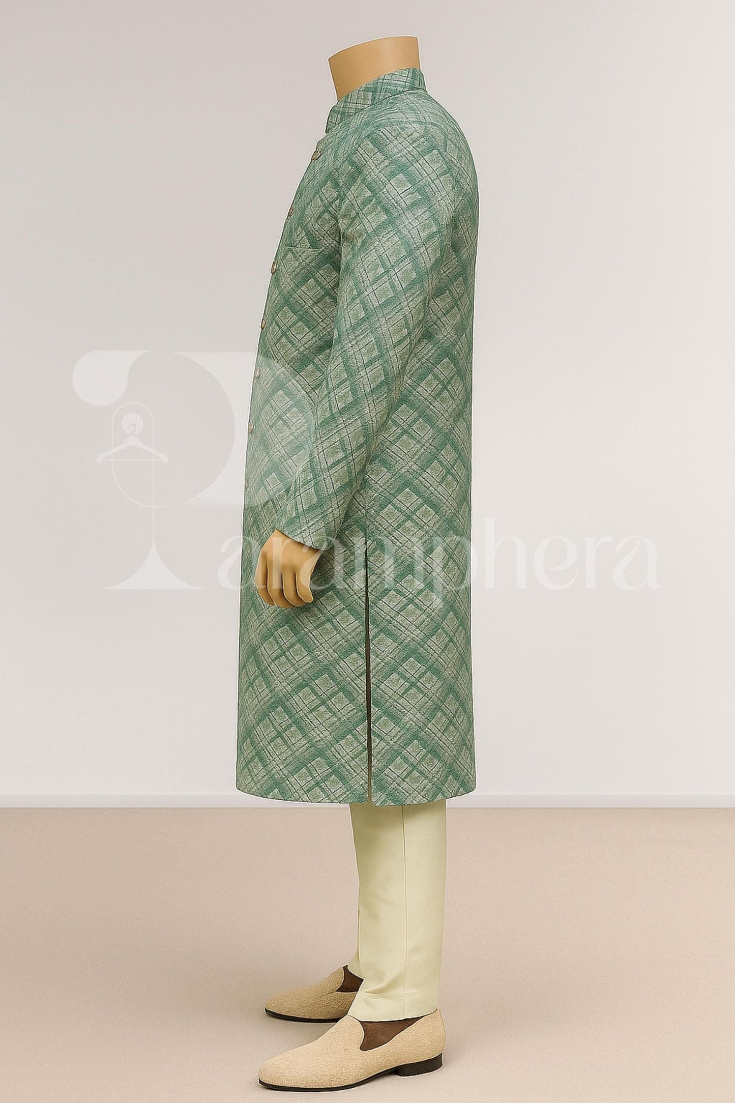Green Check Silk Blend Sherwani Set: Indo Western Wedding Outfit