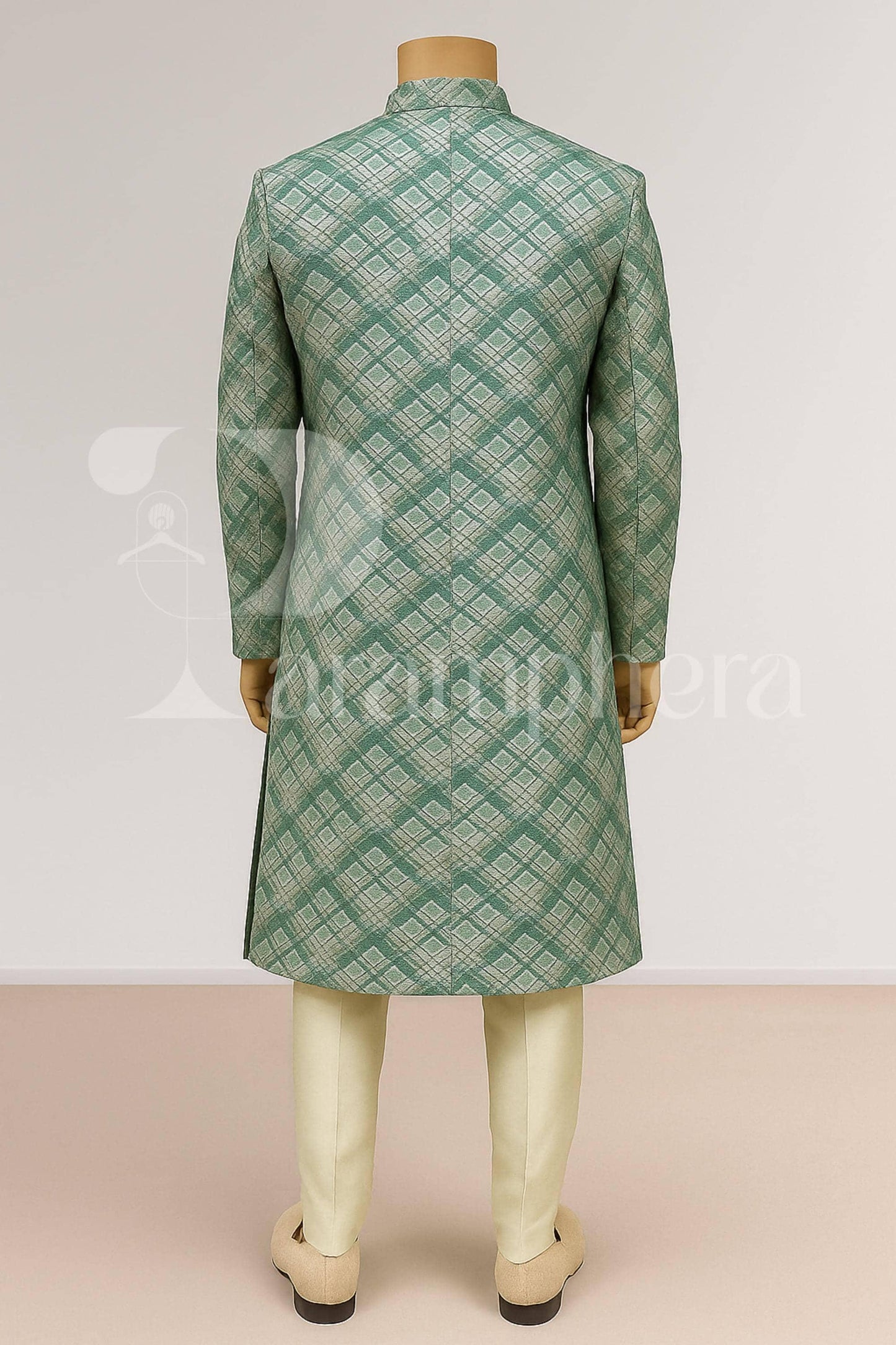 Green Check Silk Blend Sherwani Set: Indo Western Wedding Outfit