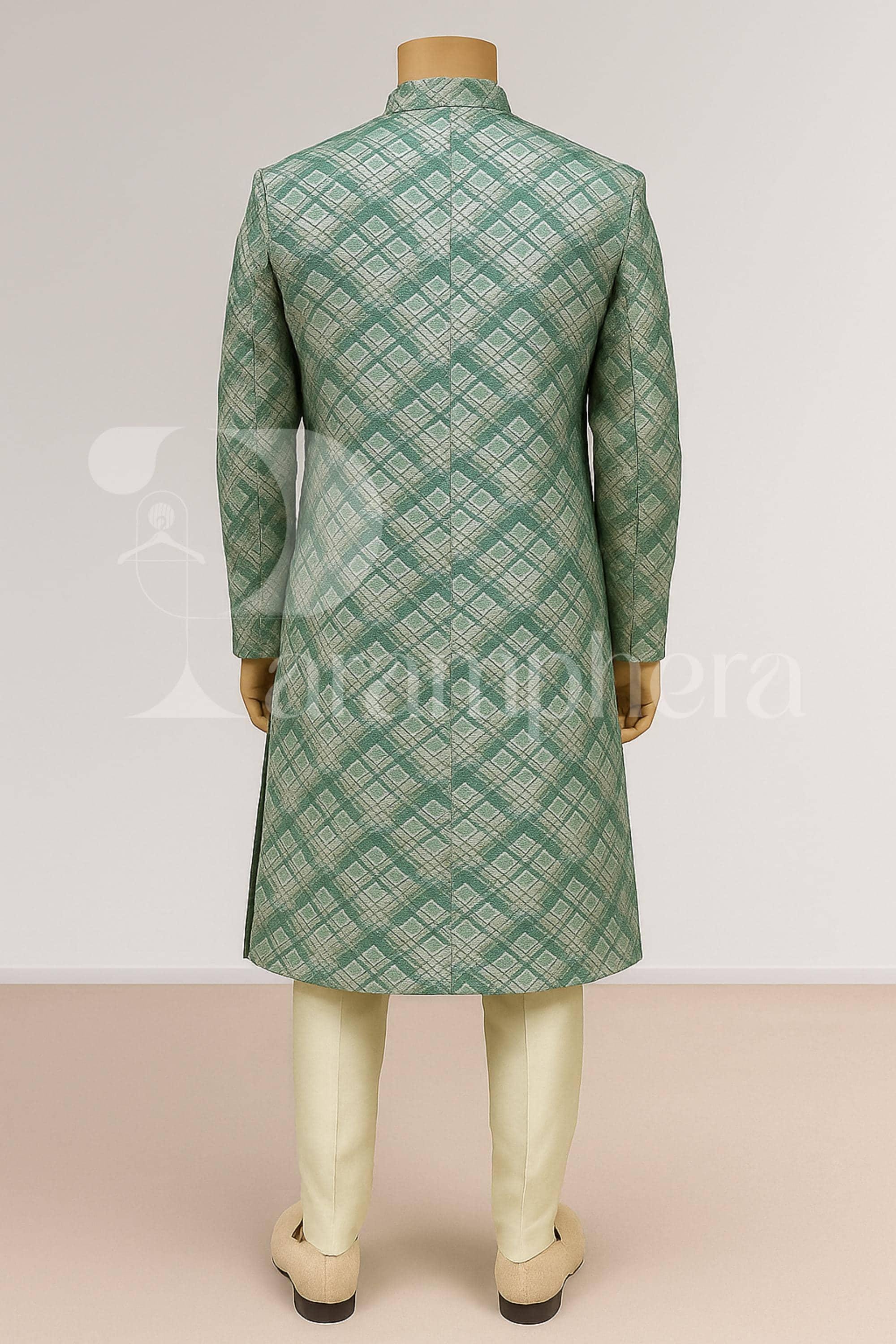 Elegant Green Check Sherwani for Men | Designer Indo Western Ethnic Outfit | Wedding Reception Party Wear