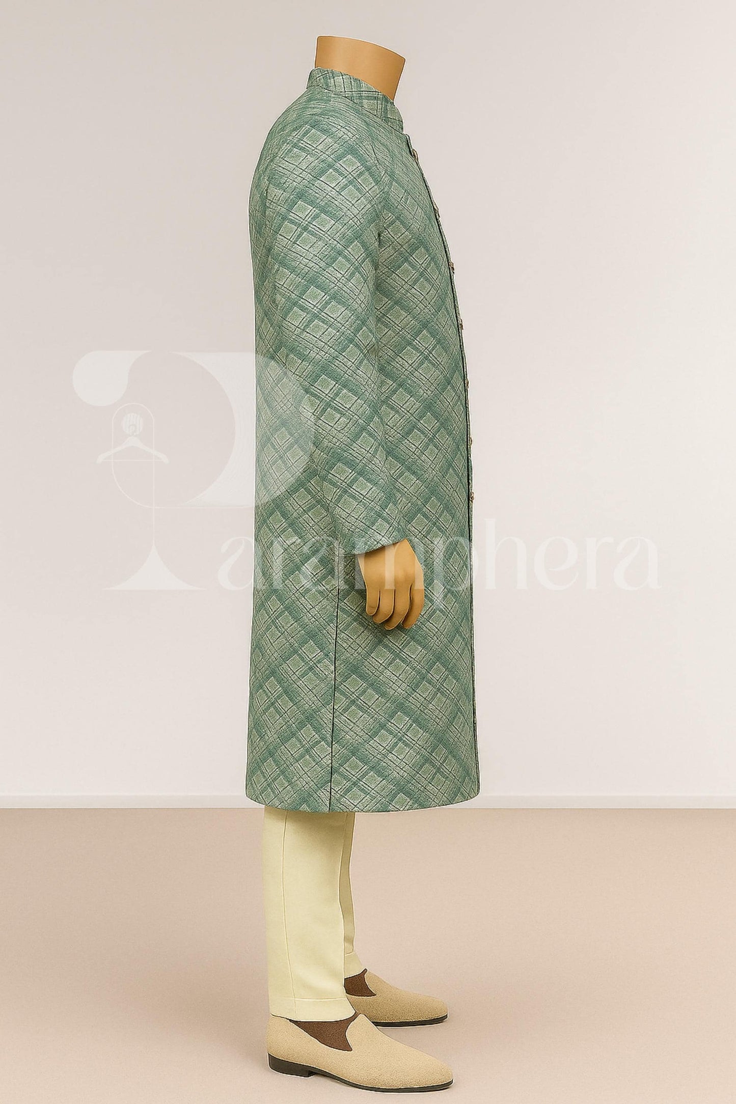 Green Check Silk Blend Sherwani Set: Indo Western Wedding Outfit