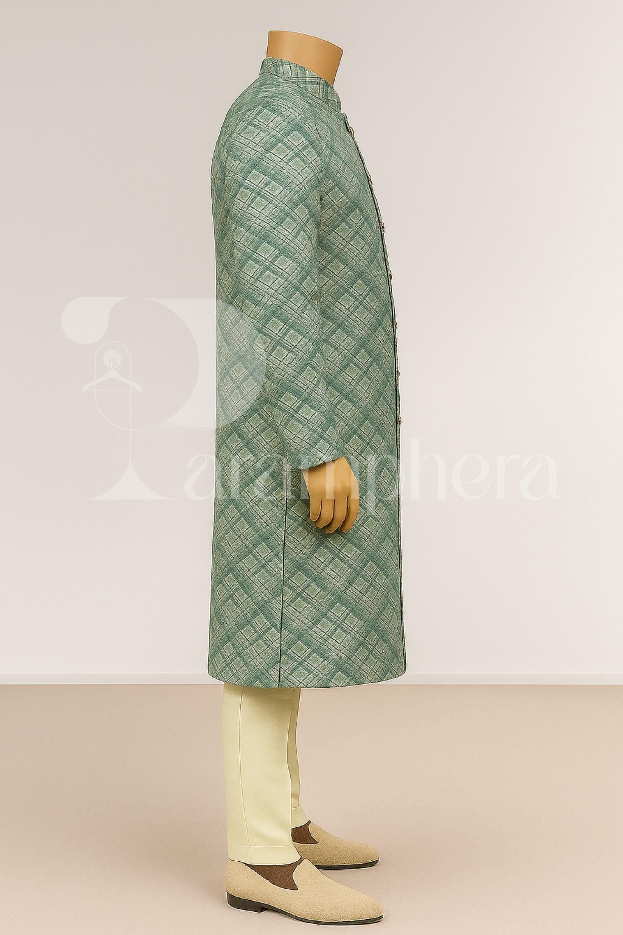 Elegant Green Check Sherwani for Men | Designer Indo Western Ethnic Outfit | Wedding Reception Party Wear
