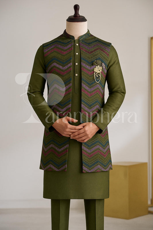 Embroidered Art Silk Nehru Jacket Kurta Pajama Set - Indian Wedding Outfit