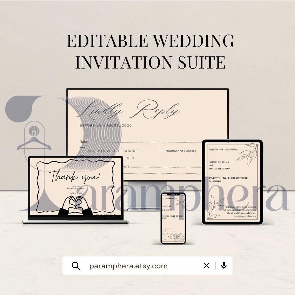 Editable Wedding Invitation Suite Canva Template | Minimalist Wedding Invite, RSVP, Details & Thank You Card