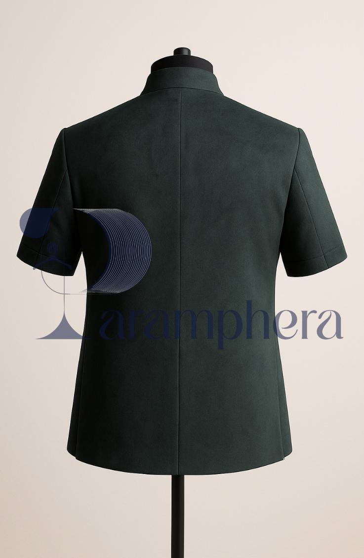 Green Velvet Nehru Jacket: Zardozi Elephant Embroidery, Handcrafted