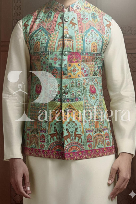 Pastel Printed Nehru Jacket: Bespoke Indian Wedding Waistcoat