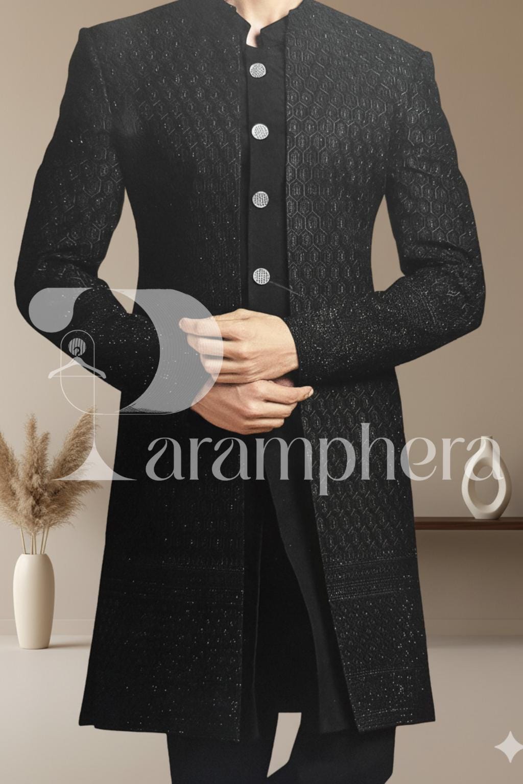 Black Sequined Sherwani: Custom Indian Wedding Outfit