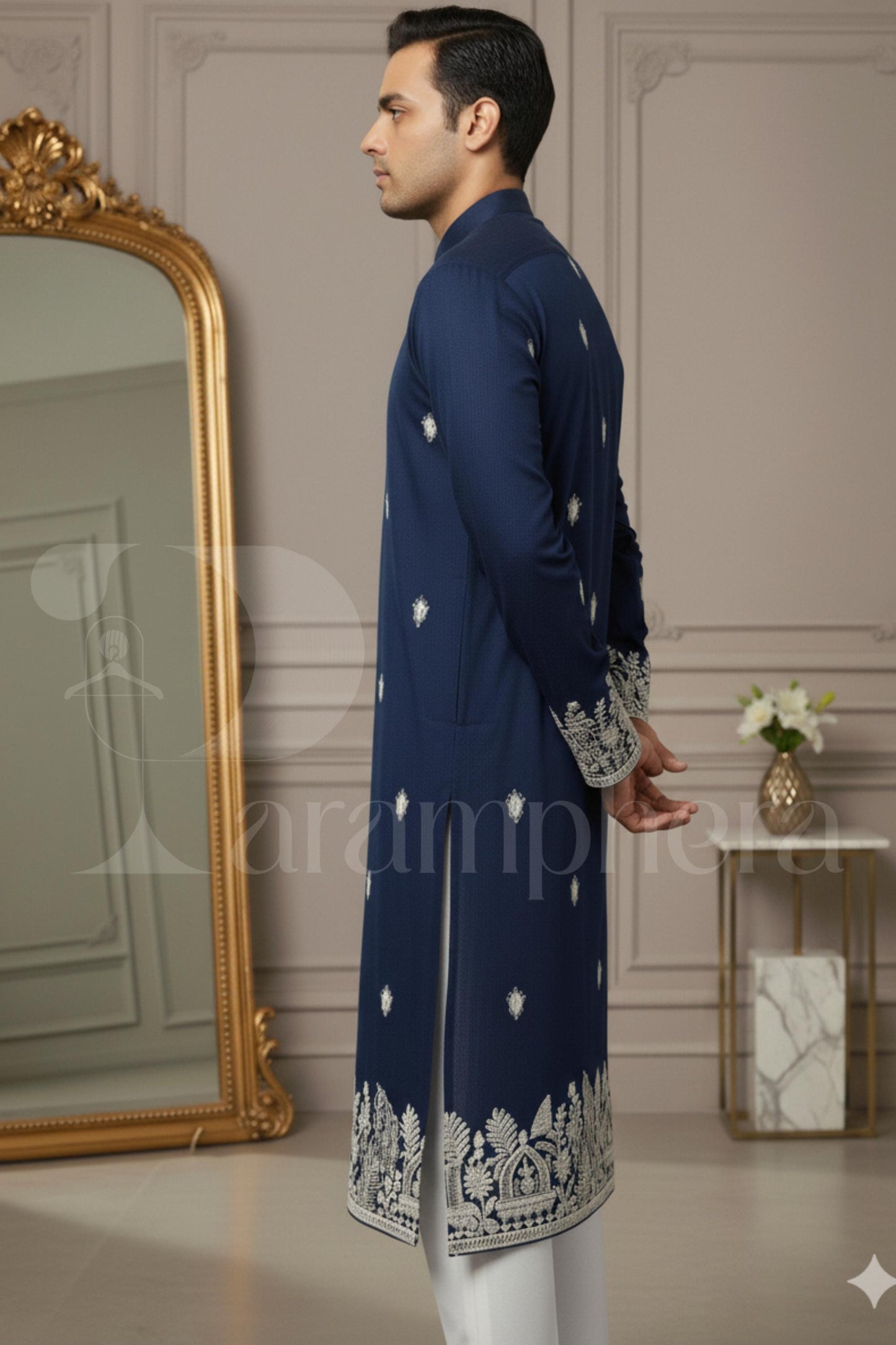 Navy Embroidered Cotton Kurta: Luxury Mens Ethnic Wedding Wear