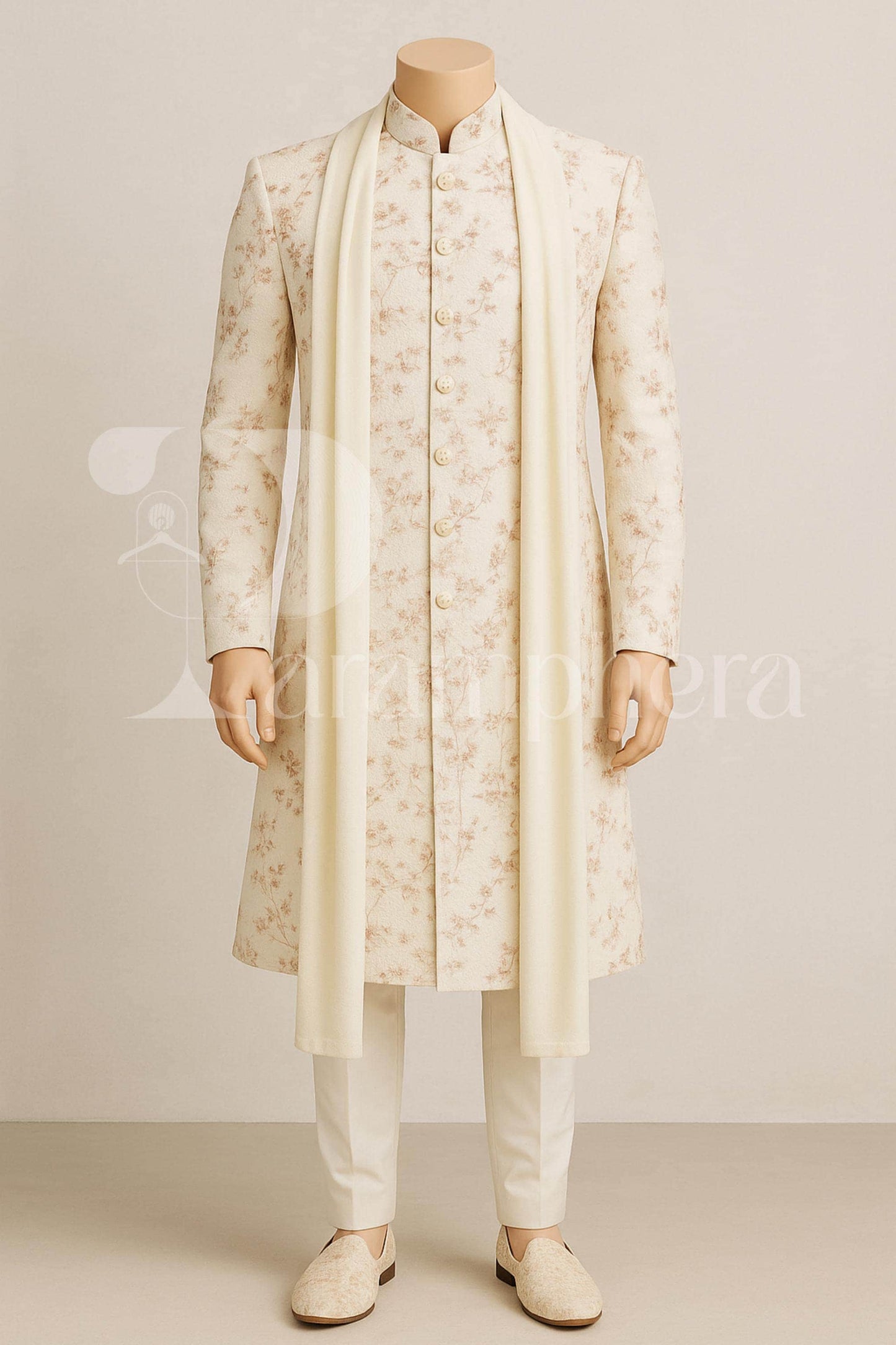 Ivory Floral Sherwani Set for Groom  Nehru Collar, Stole & Churidar  Made-to-Measure | Ships Worldwide