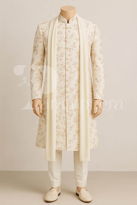 Ivory Floral Sherwani Set for Groom  Nehru Collar, Stole & Churidar  Made-to-Measure | Ships Worldwide