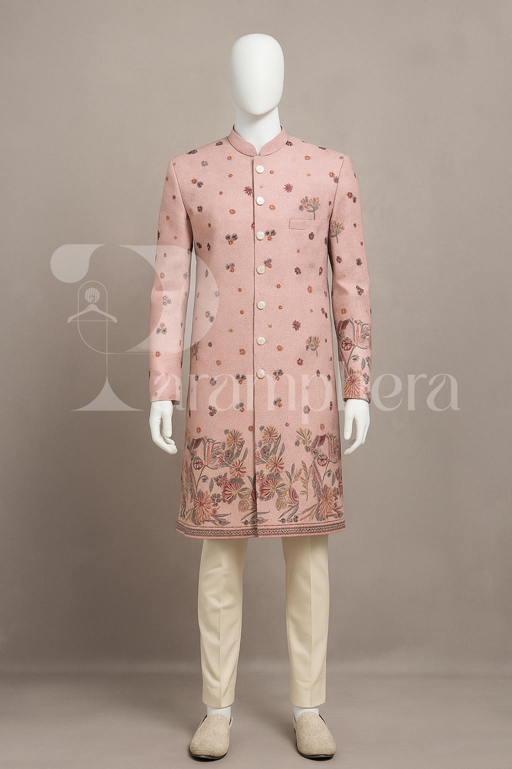 Men&#39;s Pink Embroidered Sherwani Set – Wedding Reception Wear | Handcrafted Velvet Ethnic Groom Outfit | Indian Festive Suit